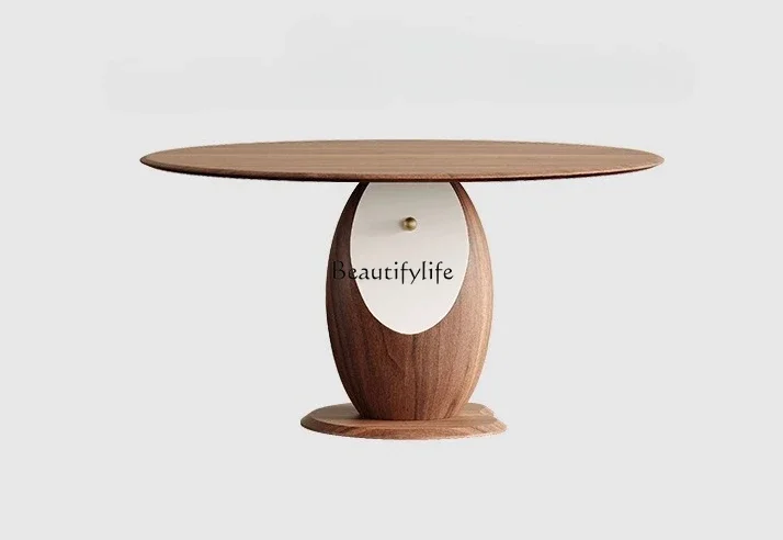 

LJY*Medieval style dining table Small apartment solid wood round dining table Household walnut color retro style