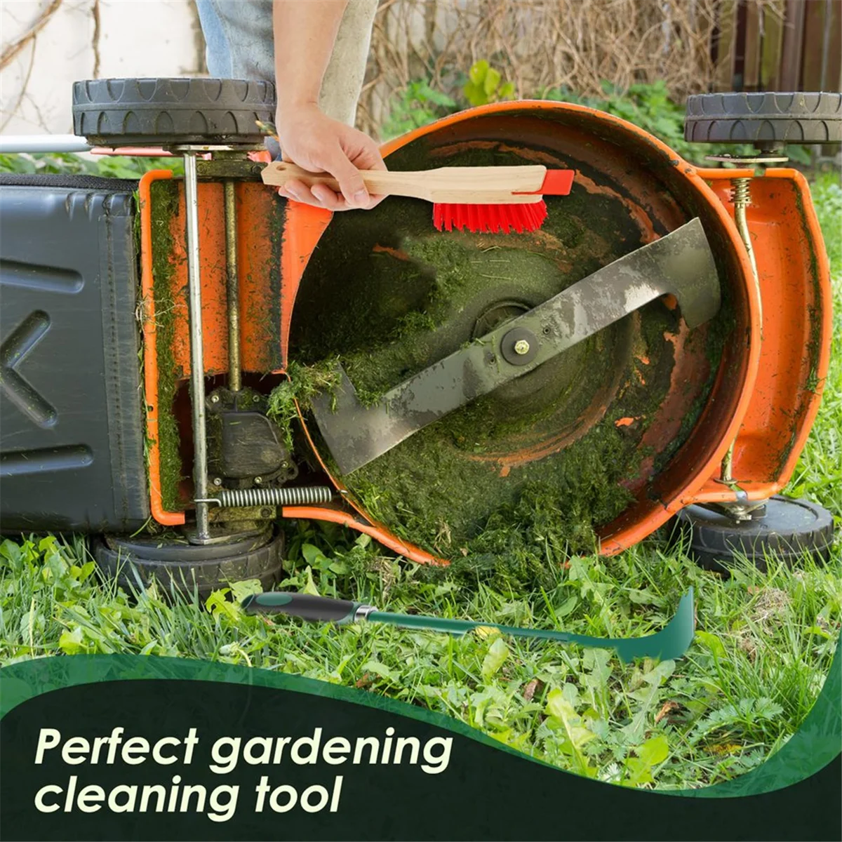 

GET! Mower Deck Scraper with Ergonomic Long Handle, Lawn Mower Deck Cleaner Tool with Stiff Bristle Brush, Lawn Mower