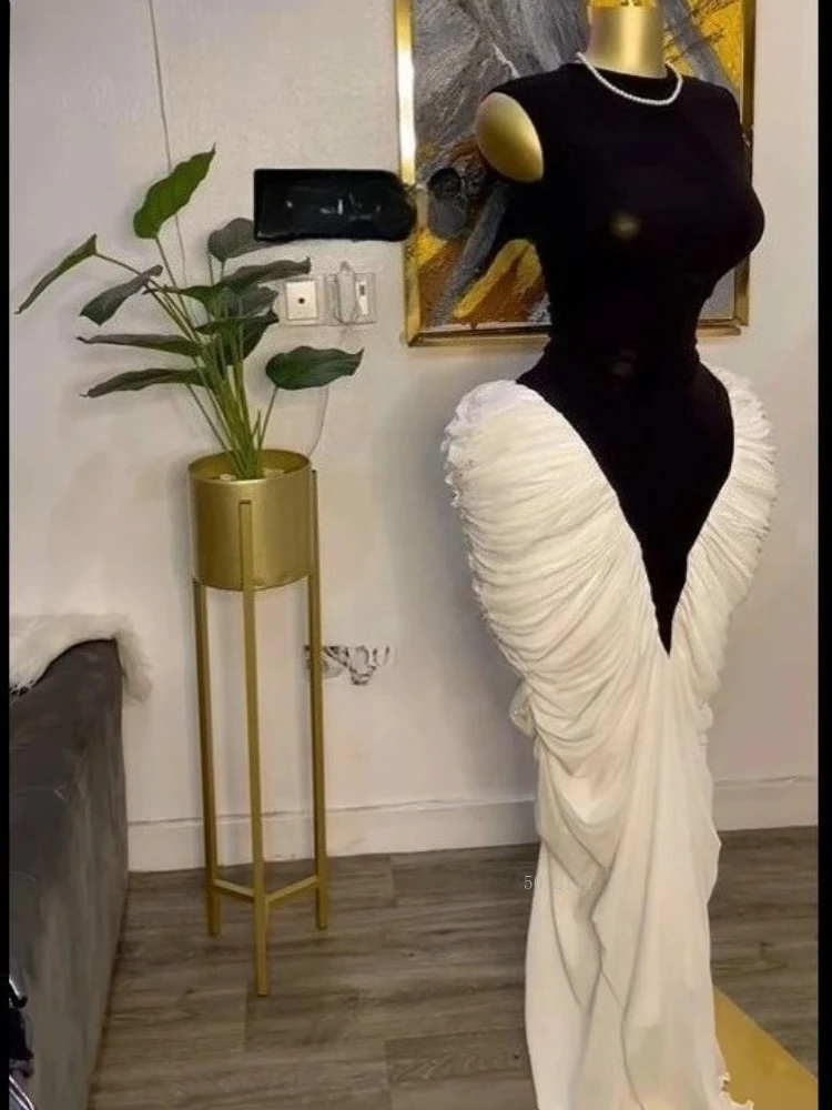 Mujeres de manga larga Patchwork acanalado apilado encaje hasta bata Maxi vestido largo 2025 vacaciones fiesta cumpleaños Vestidos