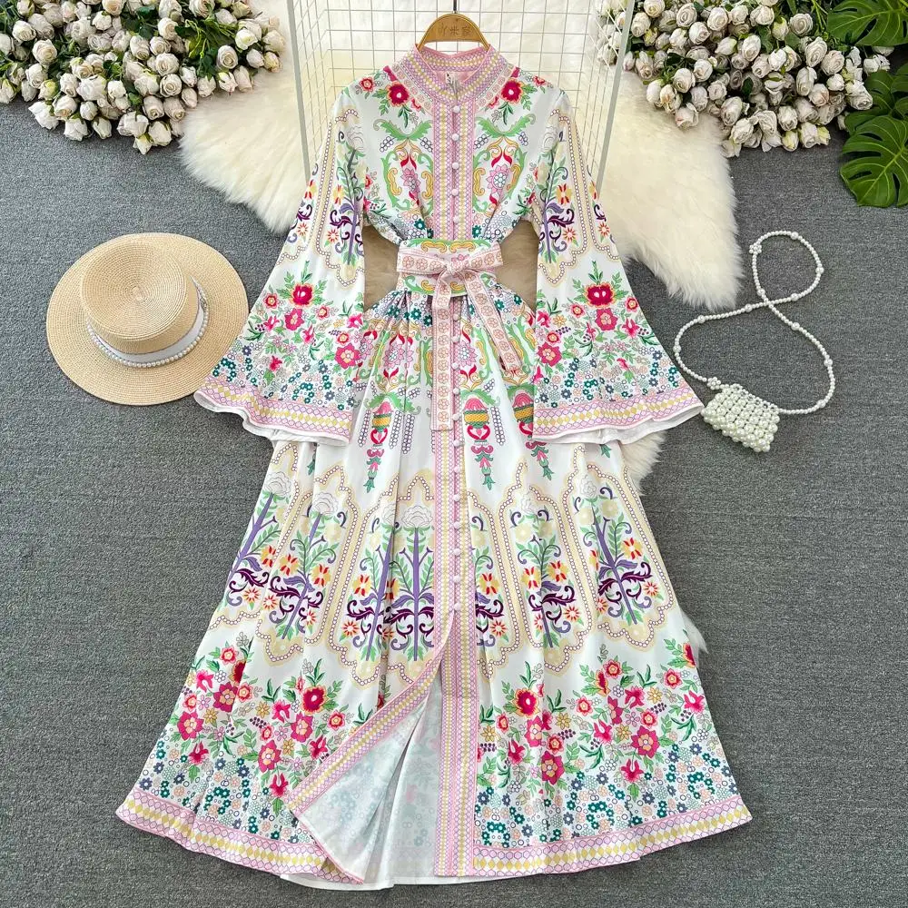 

Spring Autumn Runway Robe Maxi Dress Women Bohemian Flower Print Single Breasted Split Flare Sleeve Long Party Vestidos 2382