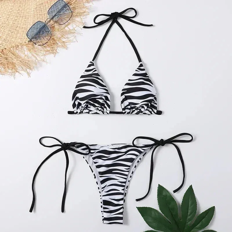 Blue Striped Print Swimwear Triangle Micro Bikini Set Mini Thong Sexy Swimsuit Women Halter String Bathing Suit Bikinis De Mujer