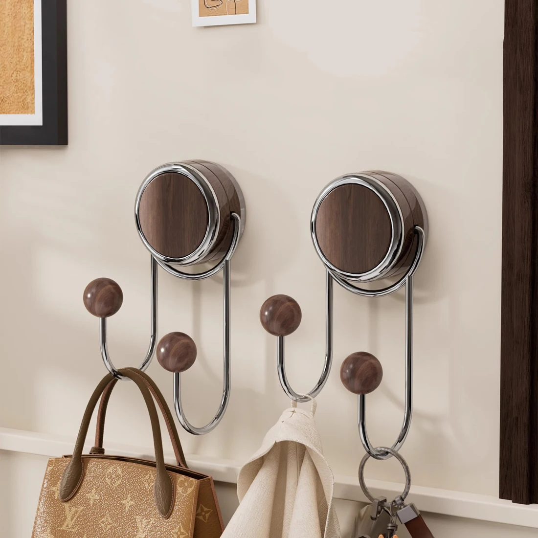 Home Multi-functional No-punch Hook Light Luxury Walnut Bathroom Porch Coat Hook Creative Wall Hanging Storage Rack Organizer