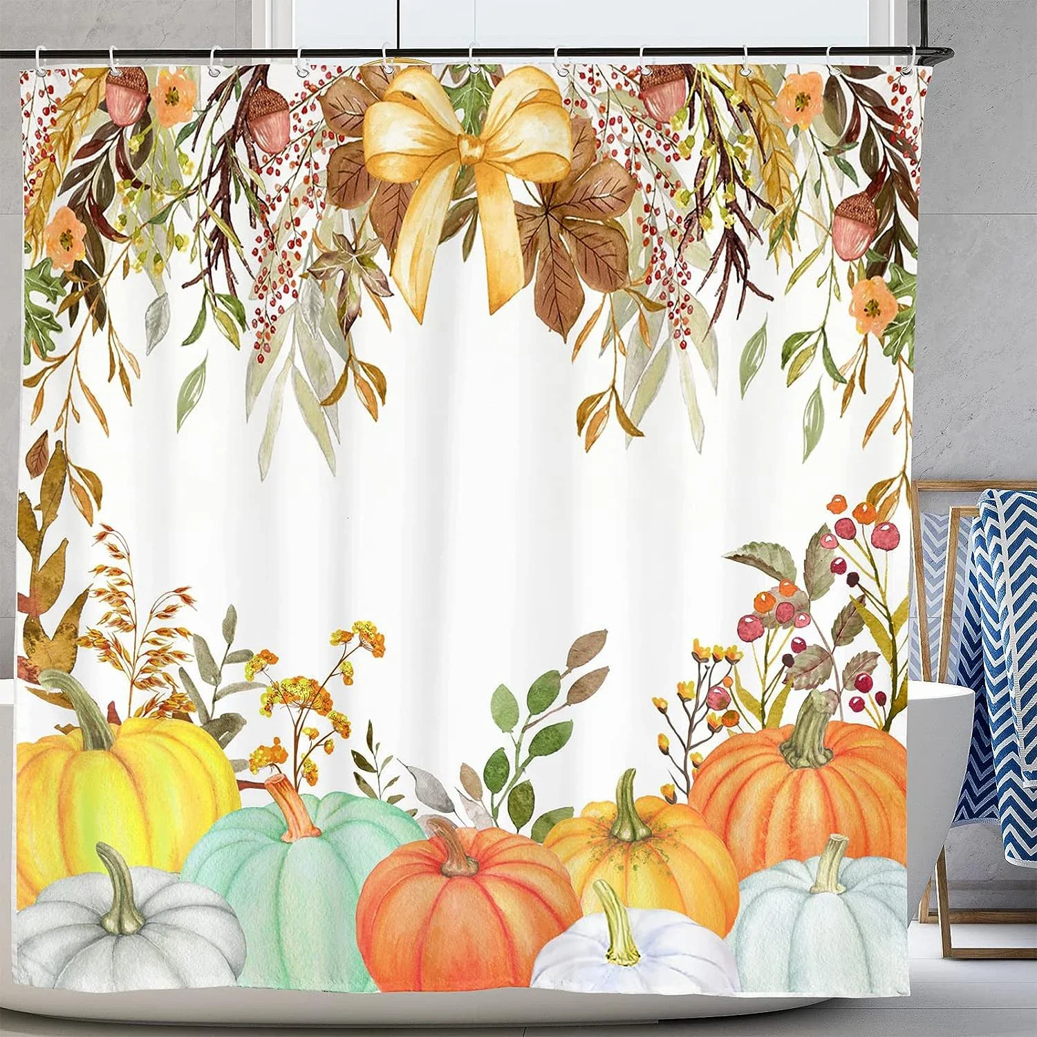 Fall Pumpkin Decor Art Shower Curtain Farmhouse Autumn Leaves Thanksgiving Day Washable Fabric Shower Curtain for Bathroom Decor