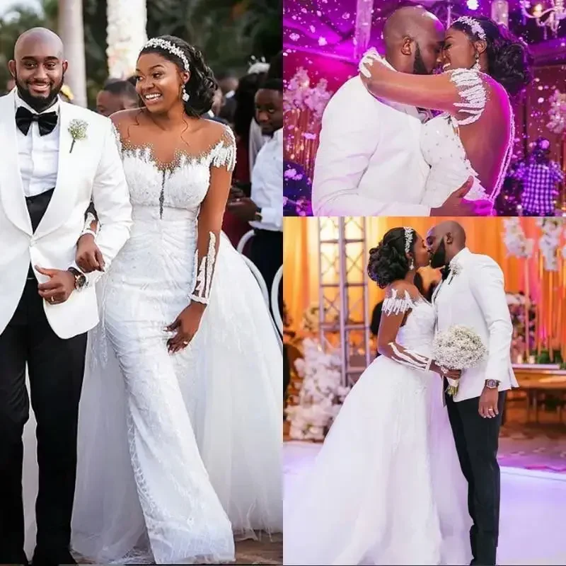Maßgeschneiderte afrikanische abnehmbare Schleppe schulterfrei Meerjungfrau Hochzeit Brautkleid Plus Size Langarm Illusion Spitze Tüll Perlen Mi