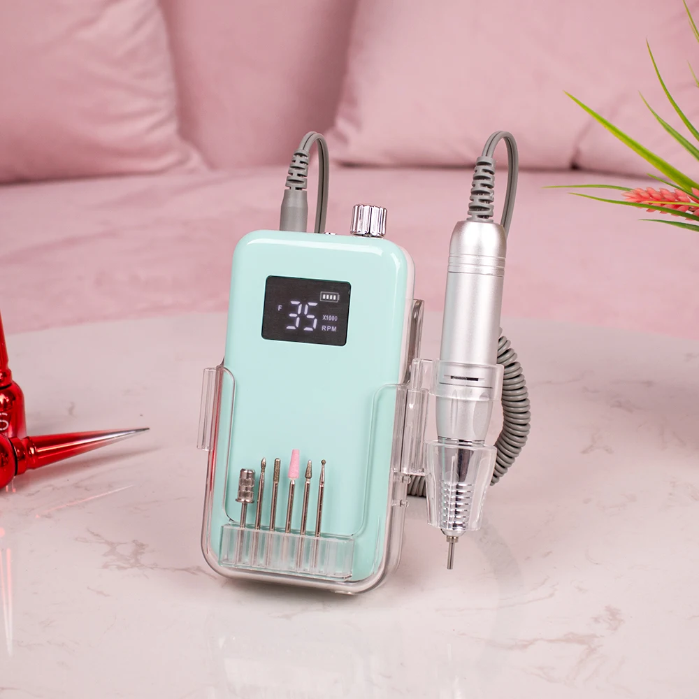 Display Screen 35000RPM Portable Nail Drill with Desktop Base Cordless Battery Drilling Machine Pink Handle Wireless 35000
