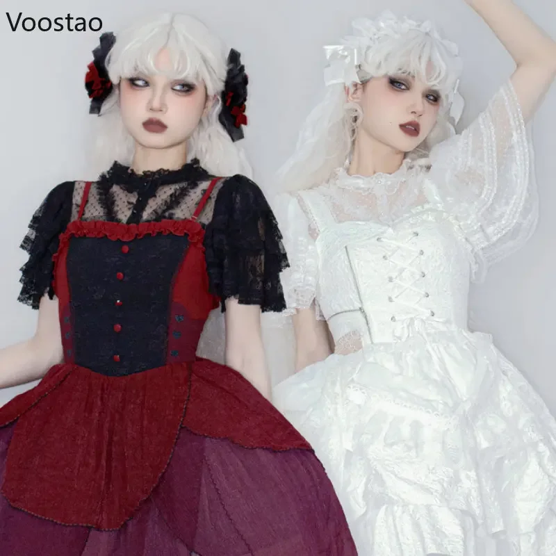 Harajuku Gothic Y2k Lolita Shirts Women Vintage Kawaii Lace Flying Sleeve Blouses Girls Victorian Sweet Short Tops Blusas Mujer