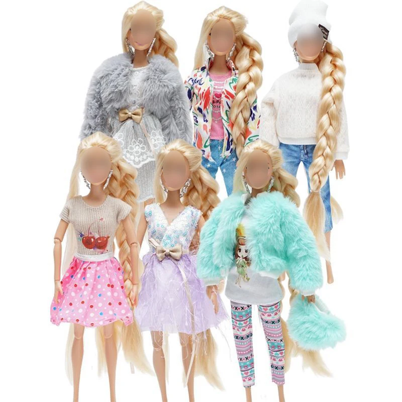 

6Pcs/Set Fur Vest Coat + Dress/Casual Outfit for 11.8 inch Barbies Doll Clothes Accessories Plush Jacket Celebrity,Child's Gift