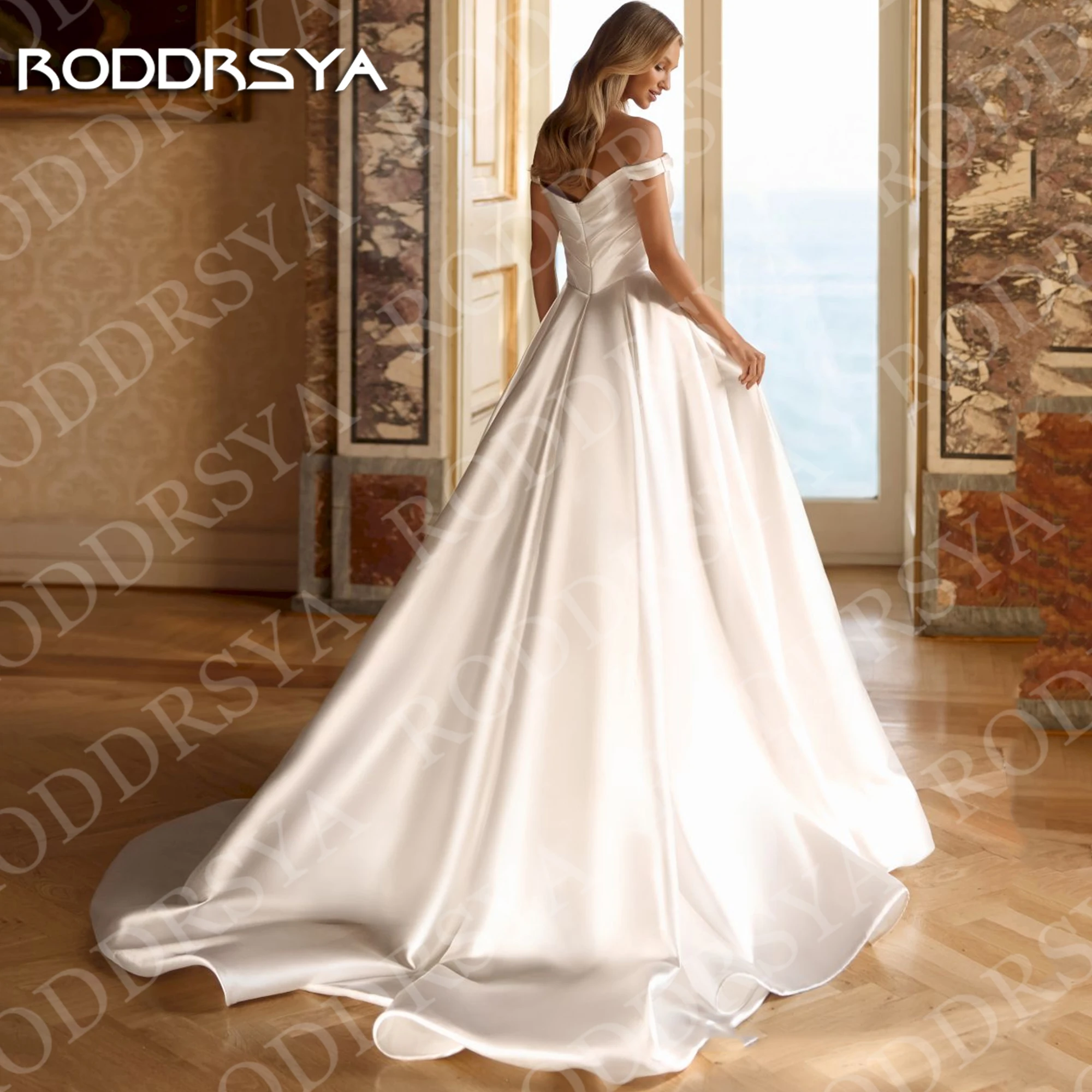 RODDRSYA Off Shoulder Satin A Line Wedding Dress Simple Elegant Ivory Bridal Dresses with Pockets Customized Vestidos De Novia