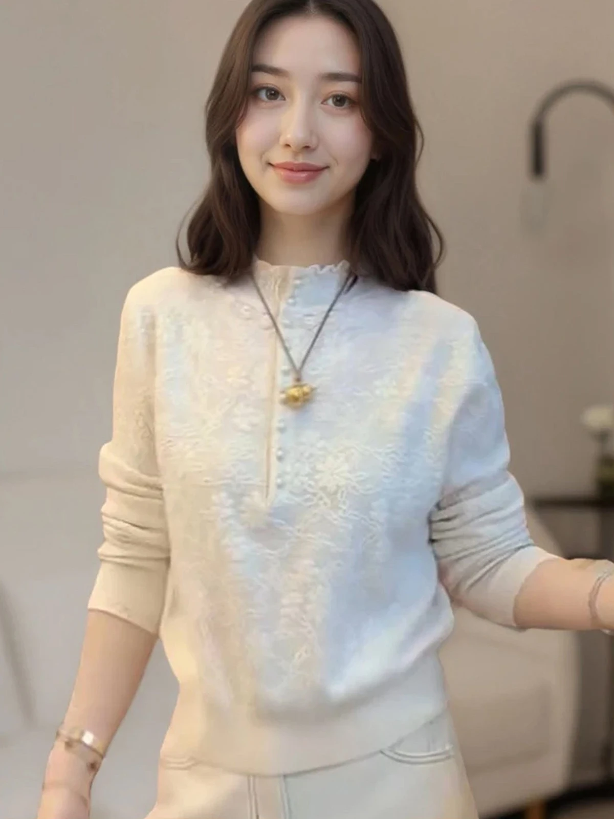 

Elegant Lace Knitwear Stand Collar Beaded Spring New Style Unique Beautiful Trim Women's Casual Fashion High Quality Top