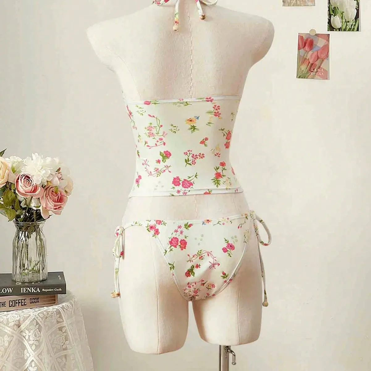 Traje de baño tankini de dos piezas con estampado floral de moda con cuello halter y correa para mujer Traje de baño sexy ajustado sin espalda de cintura alta