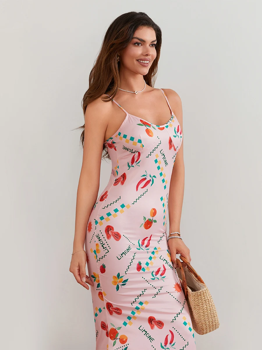 Women Cami Dress Table Spaghetti Strap Collection Fruit Print Backless Slip Dress Summer Bodycon Midi Dress