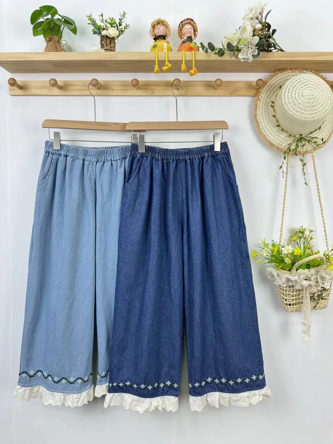 Spring Summer Sweet Preppy Style Embroidered Pants Women Elastic Waist Casual Denim Cotton Wide Leg Pants