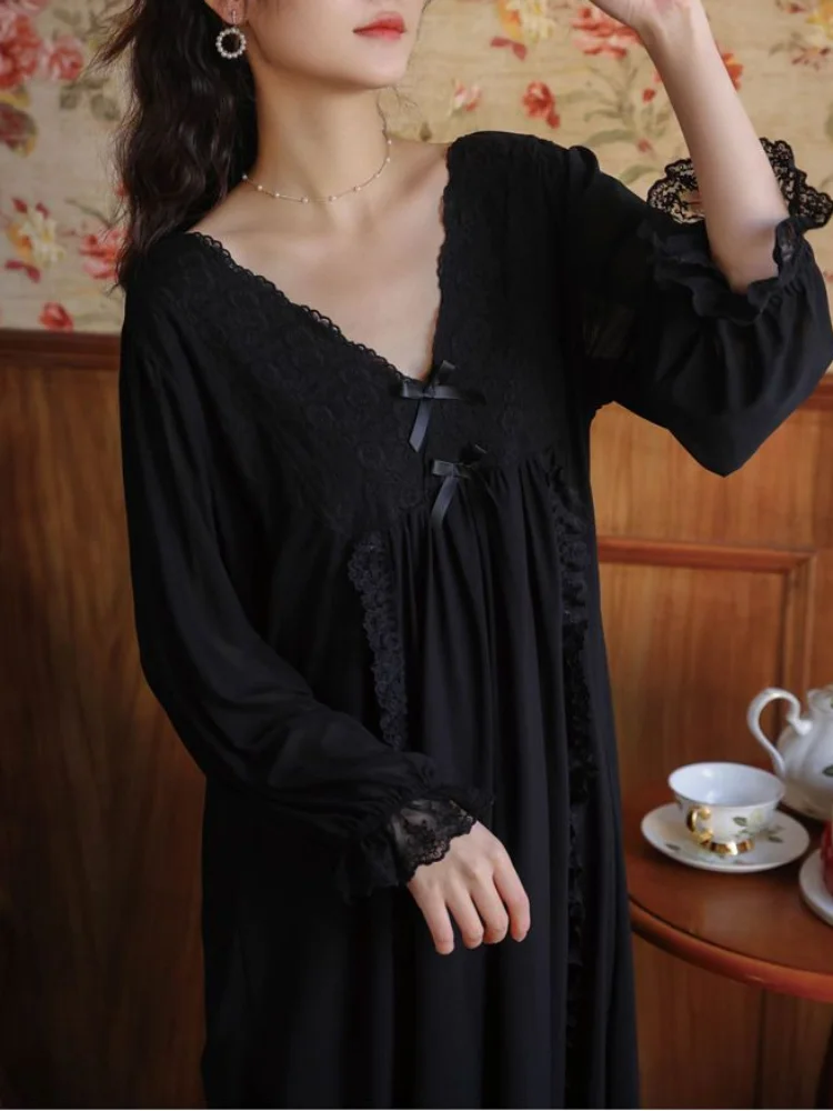 Nightgowns Women Black Elegant Baggy Casual Sleepwear Hot Sale Aesthetic Bow Design Autumn Female Popular V-neck Harajuku Lounge