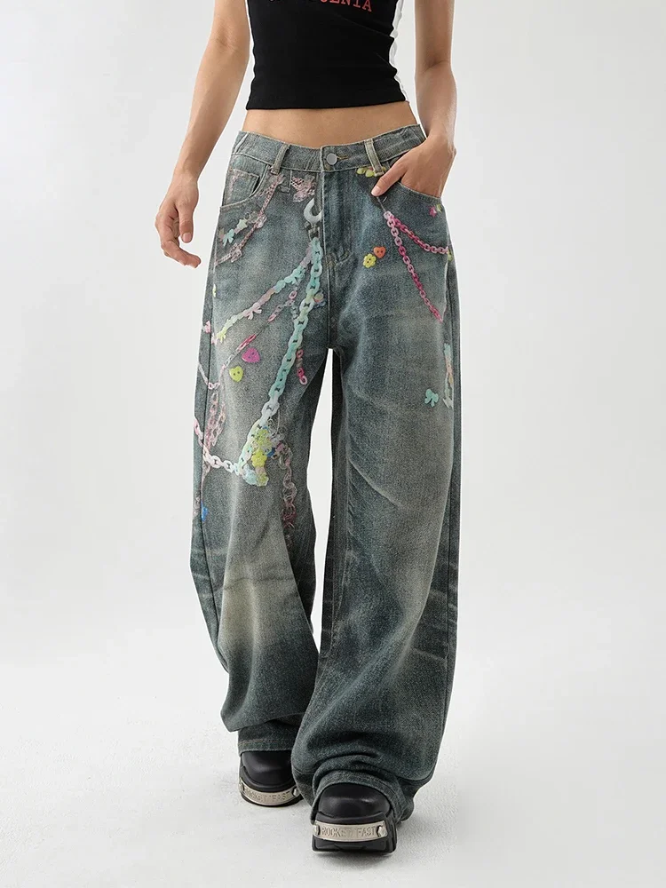 Fall Winter Women Unisex Tomboy Baggy Hip-pop Graffiti Jean Japanese Y2K Streetwear Harajuku 2000s Aesthetic Denim Pants Grunge