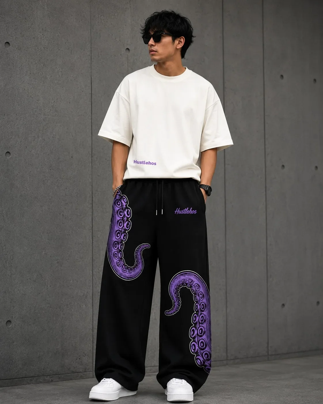 2026 Men's Loose Casual Pants—Dark Base with Purple Monster Tentacle Print, Drawstring Elastic Waist, Streetwear Style