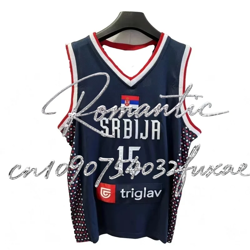 قمصان كرة السلة 2024 Srbija 15 Jokic جيرسي الخياطة والتطريز رخيصة عالية الجودة ملابس رياضية خارجية أزرق كحلي أبيض موضة