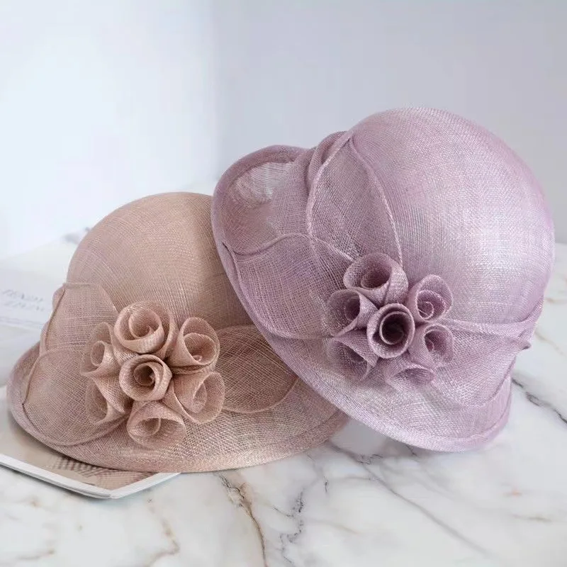 Spring Summer New Linen Hat Female Fashion Handmade Flower Sunshade Basin Hat Elegant Breathable Sun Hat Female