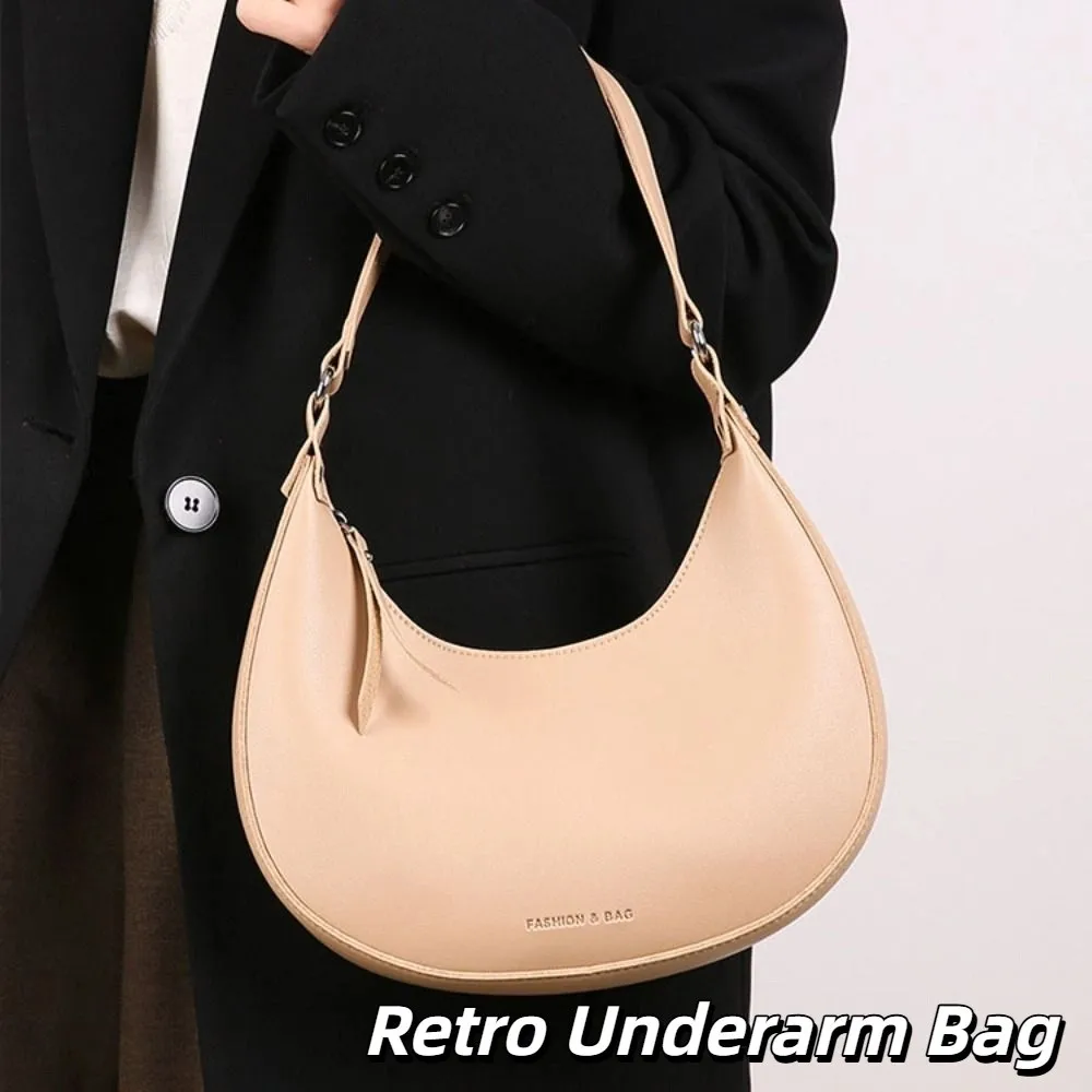 

Leisure PU Leather Half Moon Shoulder Bag Solid Color Vintage Retro Underarm Bag Crescent Handbag Women's Armpit Bag Shopping