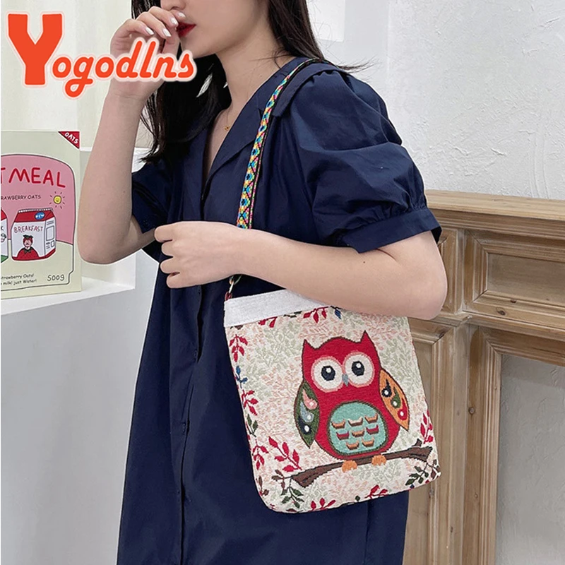 Yogodlns Embroidered Elephant Handheld Bag Women New Retro Large Capacity Crossbody Bag Nylon Knitted Casual Portable Handbag