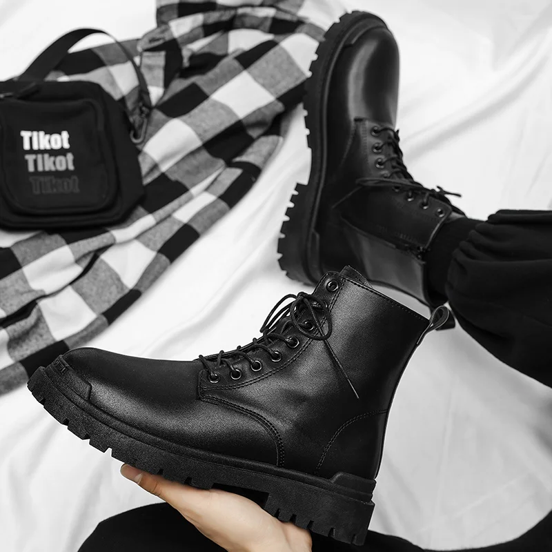 Leather Black Men\'s Biker Boot Fashion YoungWaterproof Trendy Boots Man Autumn Winter High Top ClassicBasic Shoe