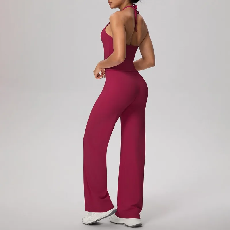 

2 Piece Women Seamless Yoga Set Cloud Feel Quick-Dry Sports Strappy Vest High-Waist Straight-Leg Pants Running Fitness Set