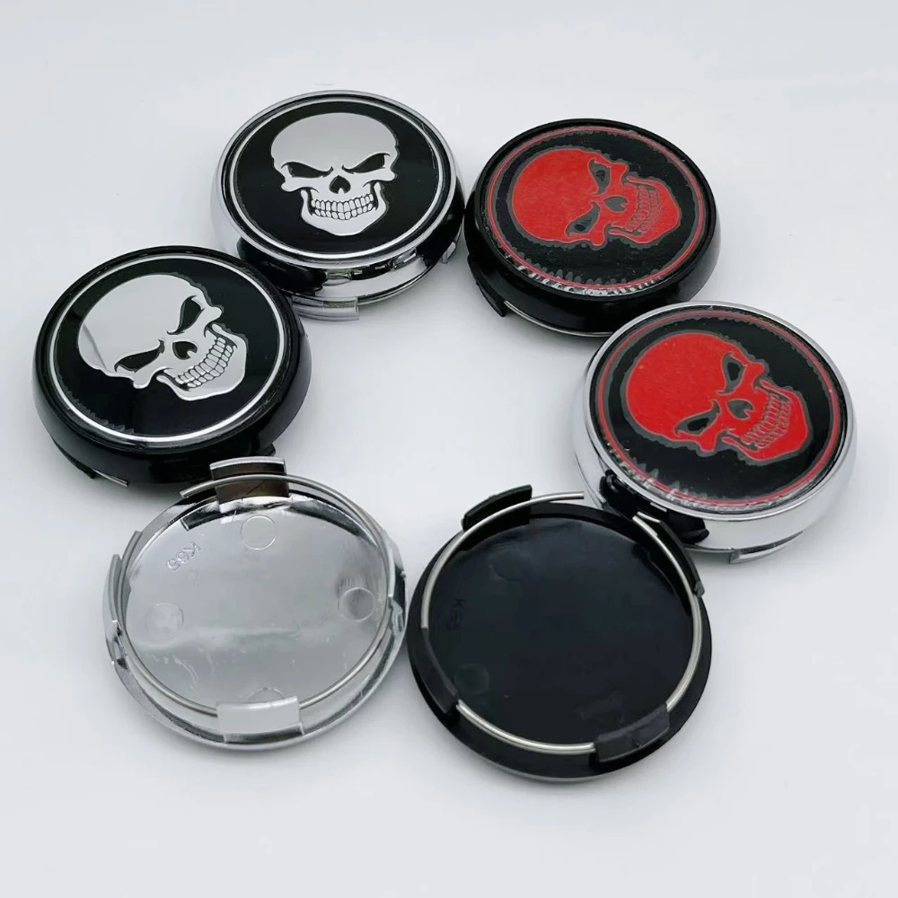 

4pcs 65MM O.D / 60MM I.D Skull Logo Emblem Badge Car Wheel Center Caps Rim Hubcaps Lid Wheels Hub Cover Replace Car Accessories