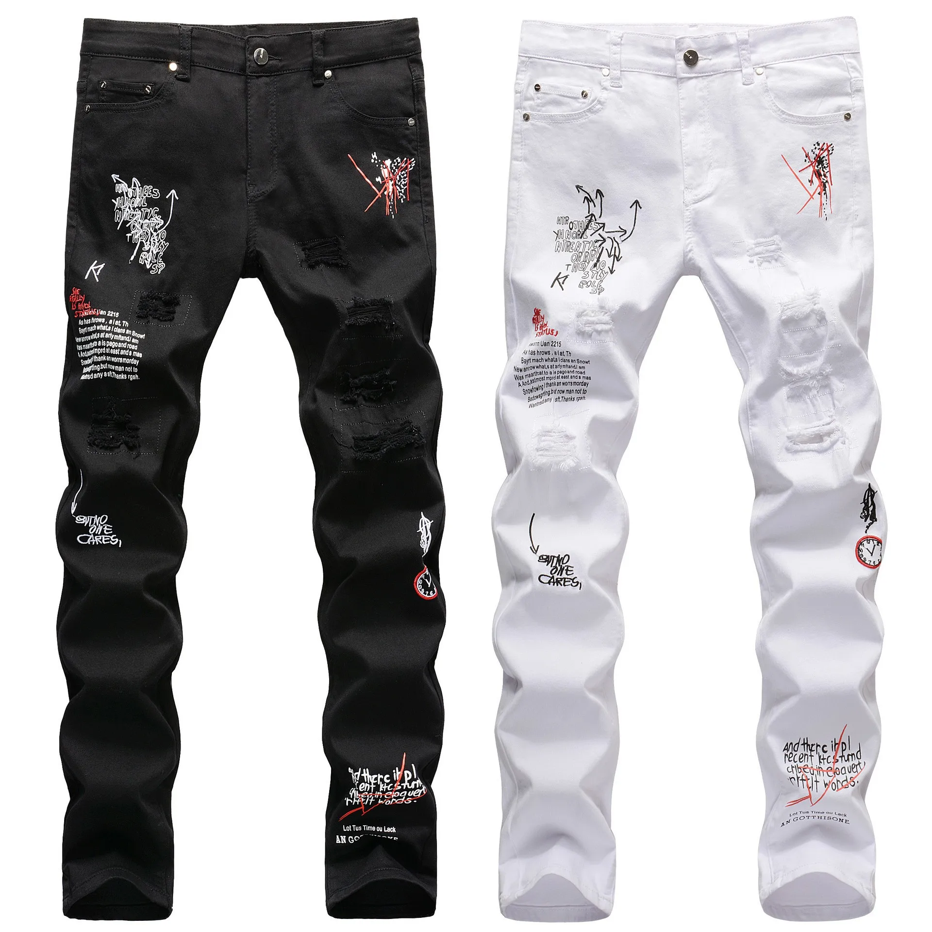 

High street fashion brand broken English embroidery printed black and white slim straight leg personality graffiti jeans man