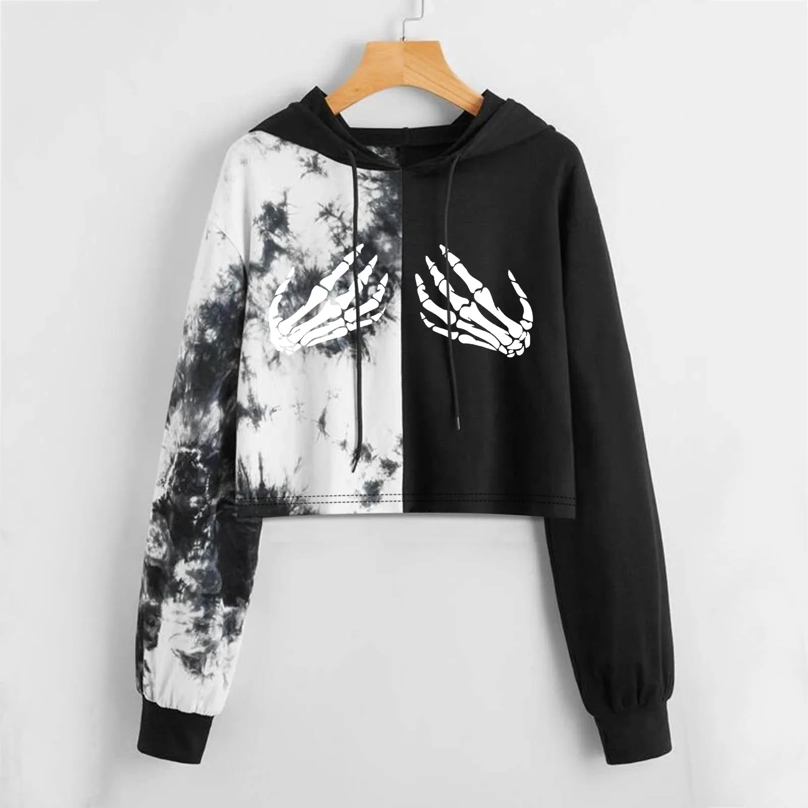 2022 Autumn Hoodies Women Tie Dye Crop Top Long Sleeve Jumper Gothic Hooded Sweatshirt Skeleton Print Casual Pullover Hoodie