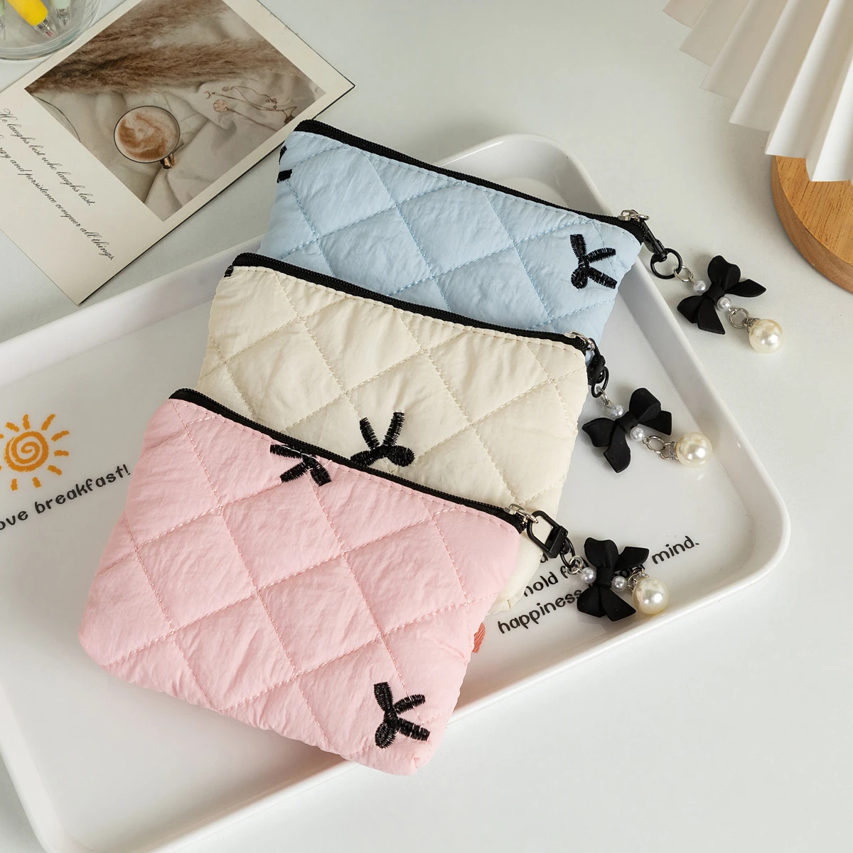 New Bow Lipstick Storage Bag Women's Cosmetics Storage Bag Earphones Data Cable Cosmetic Bag Wallet