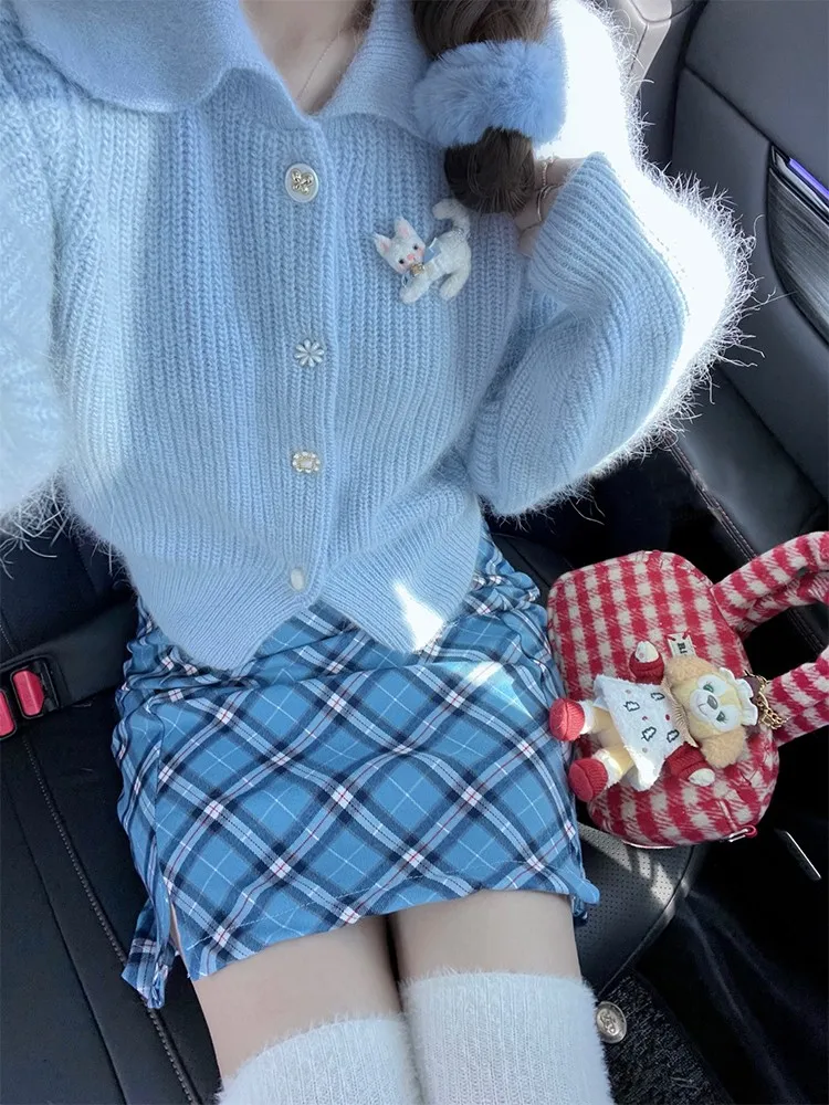 

Sweet Pure Desire Large Size Women's Sweater Cardigan High Waist Plaid Skirt Set Spring Fashion Korean Style Commute