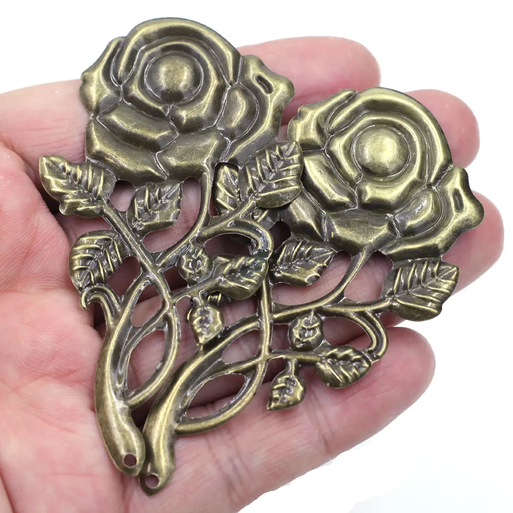 10Pcs Embellishments Rose Flower Pattern Filigree Wraps Alloy Vintage Bronze Tone Pendants Jewelry DIY Finding 77mm