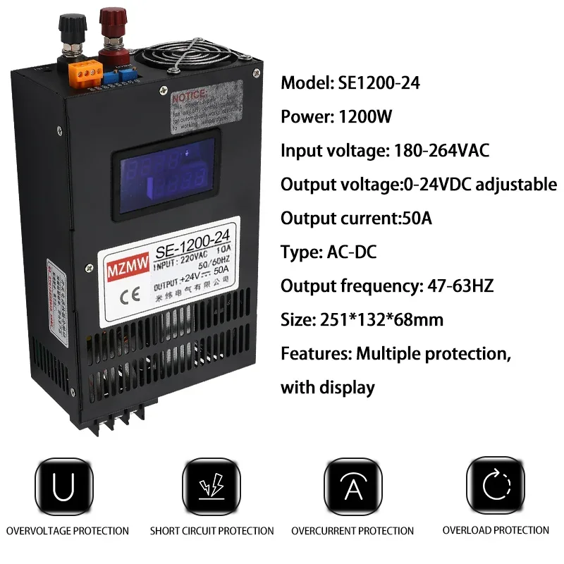 MZMW 1200W SMPS 0-24V 50A digital display constant voltage and current adjustable AC/DC Switching power supply