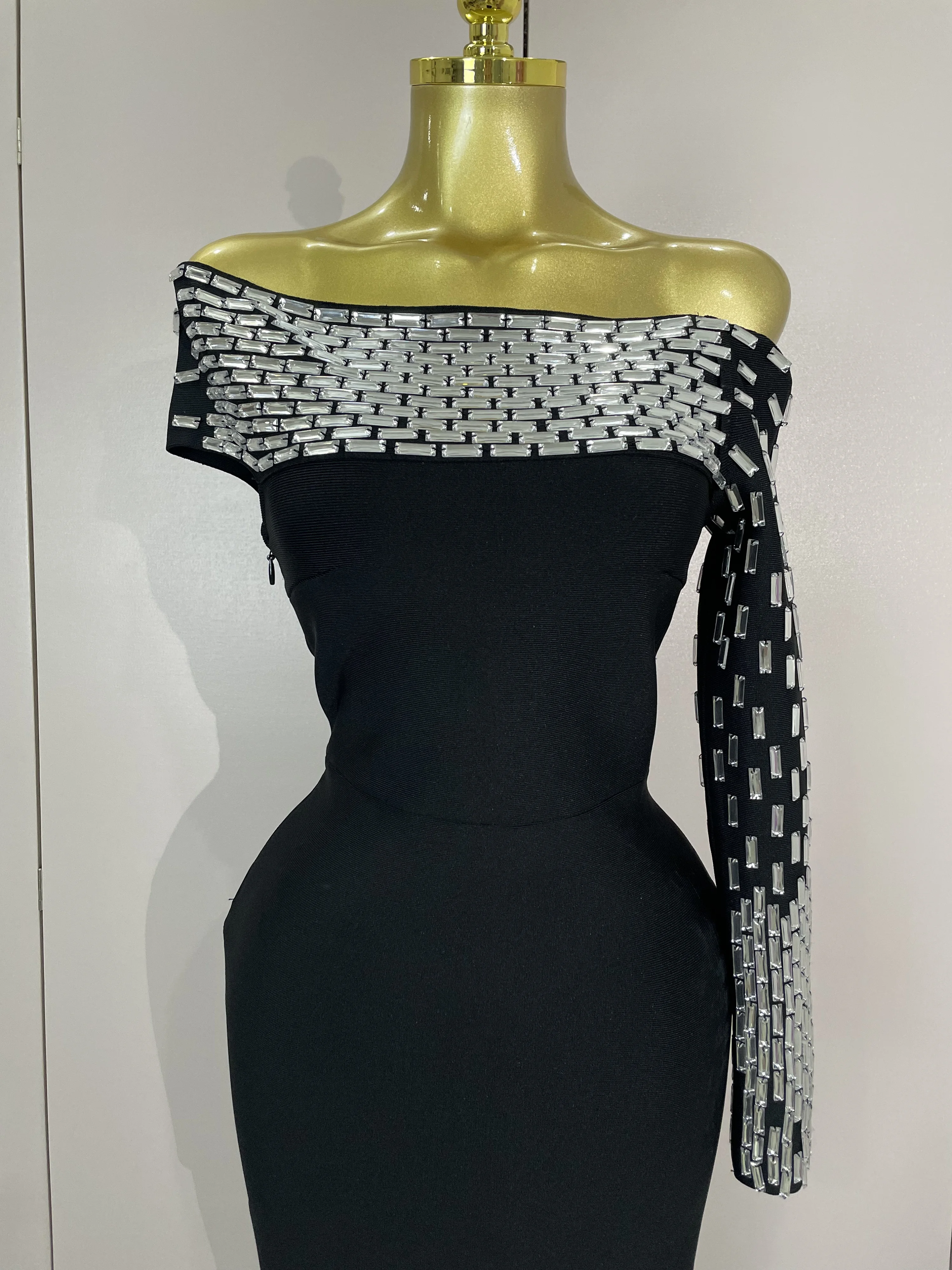 Sexy een schouder strass zwarte bandage lange jurk vrouwen elegante verjaardag vieren avond prom toga nacht cocktailjurken