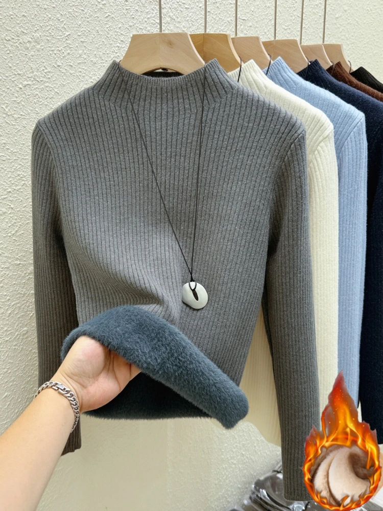 

Женская толстая водолазка на флисовой подкладке, вязаный женский свитер, зимний теплый базовый слой, цельный бархатный утягивающий топ, мягкие пуловеры