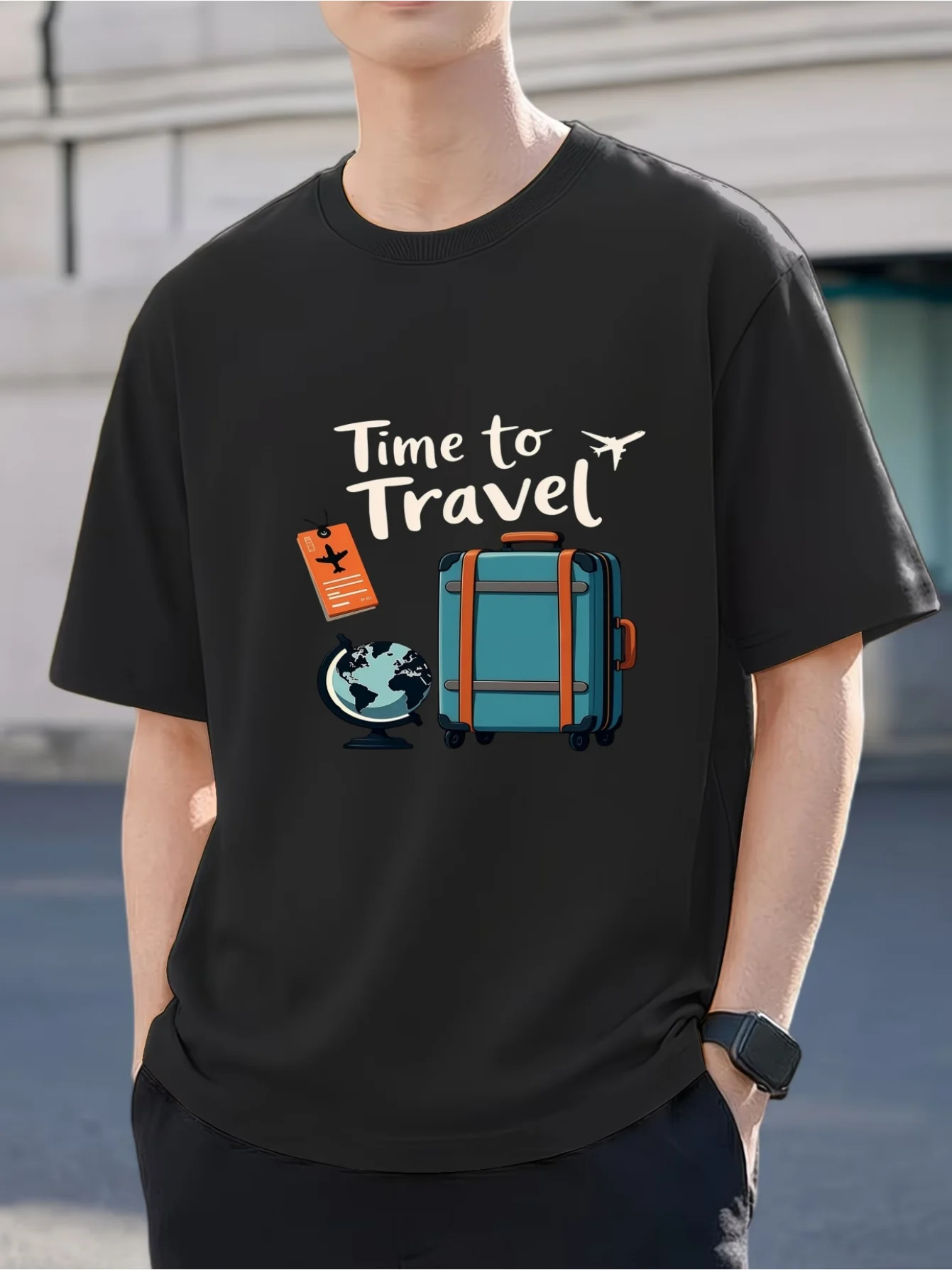 Summer Men's Sports T-Shirt, T-Shirt with Globe and Suitcase Design, Fresh Travel and Vacation Style, Round Neck Short-Sleeved Top, Suitable for Daily Sports and Casual Wear