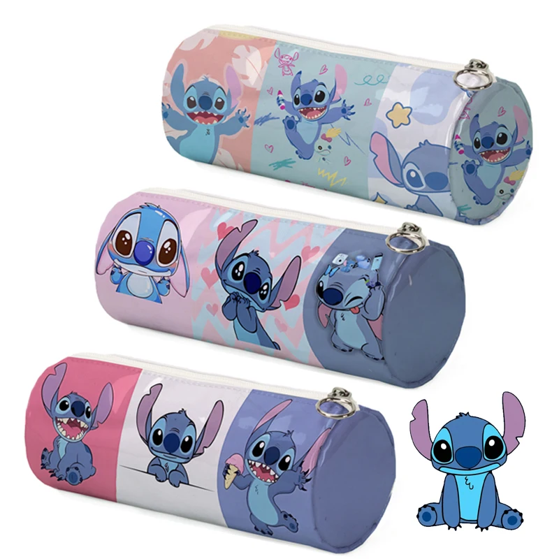 Disney Cartoon Lilo & Stitch Cylindrical Pencil Case Large Capacity Stationery Storage Bag for Kids Gift