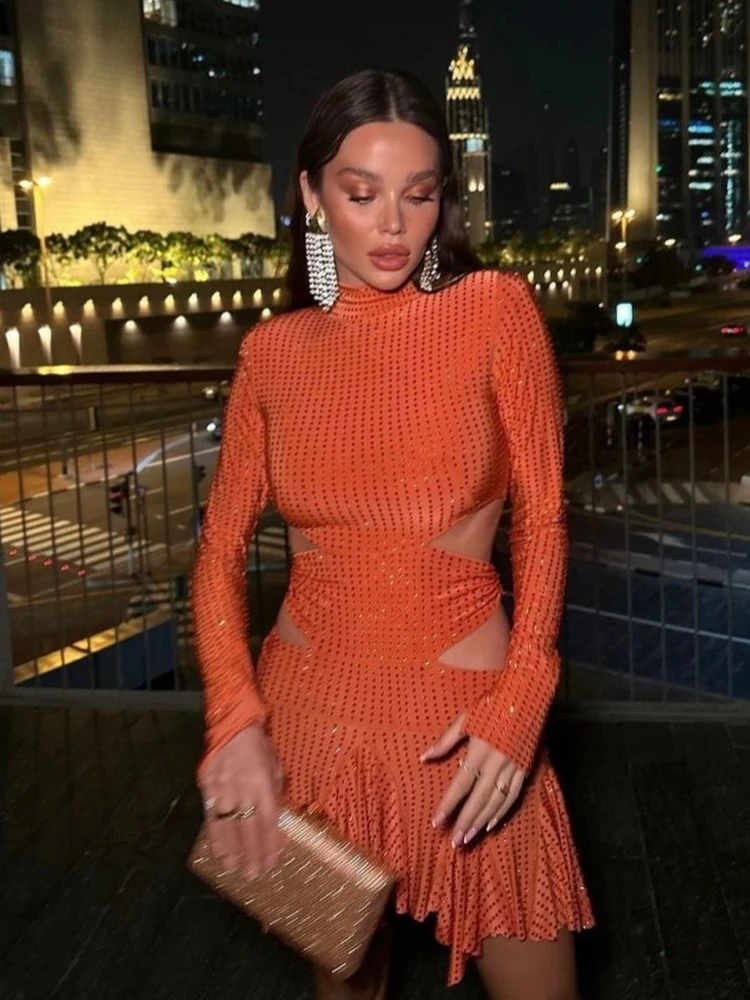 Sexy Long Sleeve Cutout Shiny Diamonds Mini Dress Women Orange O Neck  Lace-up Pleated Slim Dresses Celebrity Party Evening Gown