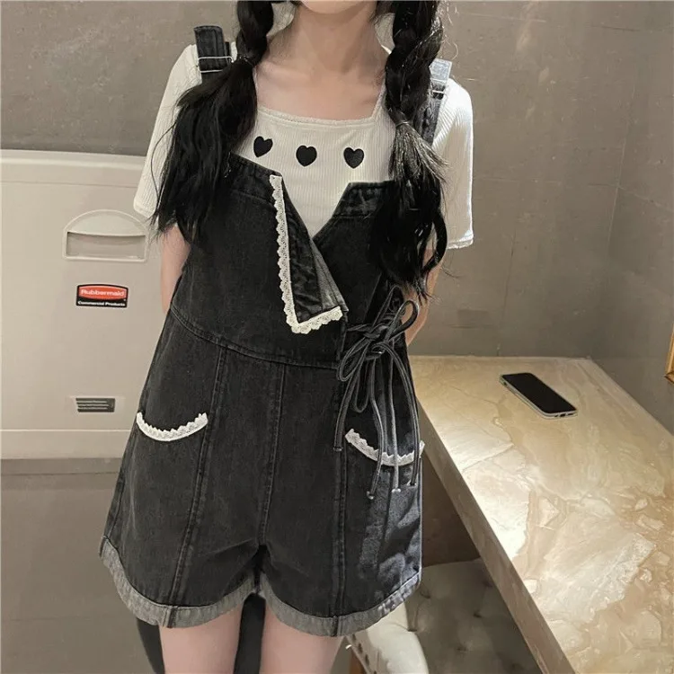 

2024 New Lace Denim Strap Shorts for Wome Y2k Summer Slim Waist Lace Up Jean Shorts Fashion Thin Straight Wide Leg Shorts