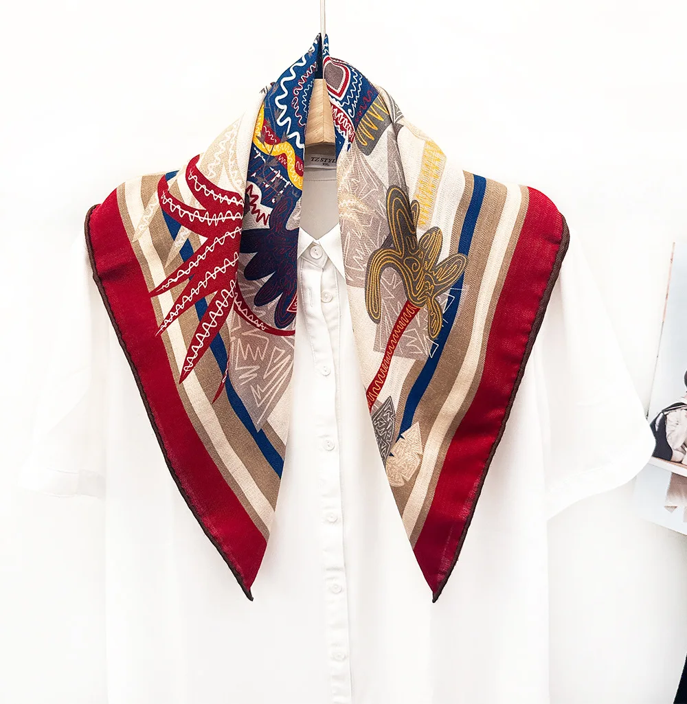

70% Wool 30% Real Silk Scarf for Women Vintage Ethnic Leaves Print Square Scarf Silk Wool Women's Winter Shawls
