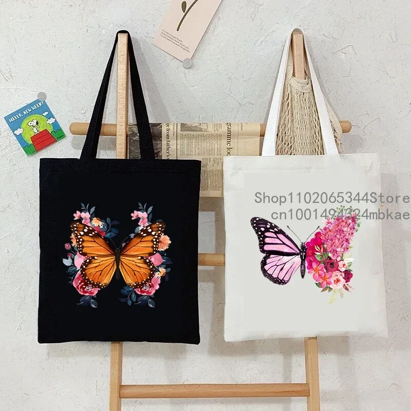 Watercolor Butterfly Women\'s Shoulder Bags Plant Style Flower Handbag Aesthetics Vintage Butterfly Teenager Canvas Tote Bags