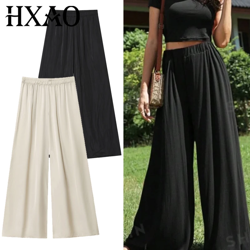 HXAO Damenhose, Sommer 2022, Baggy-Hose mit weitem Bein, elegante schwarze, fließende Hose mit hoher Taille, lässige, gerüschte Oversize-Hose
