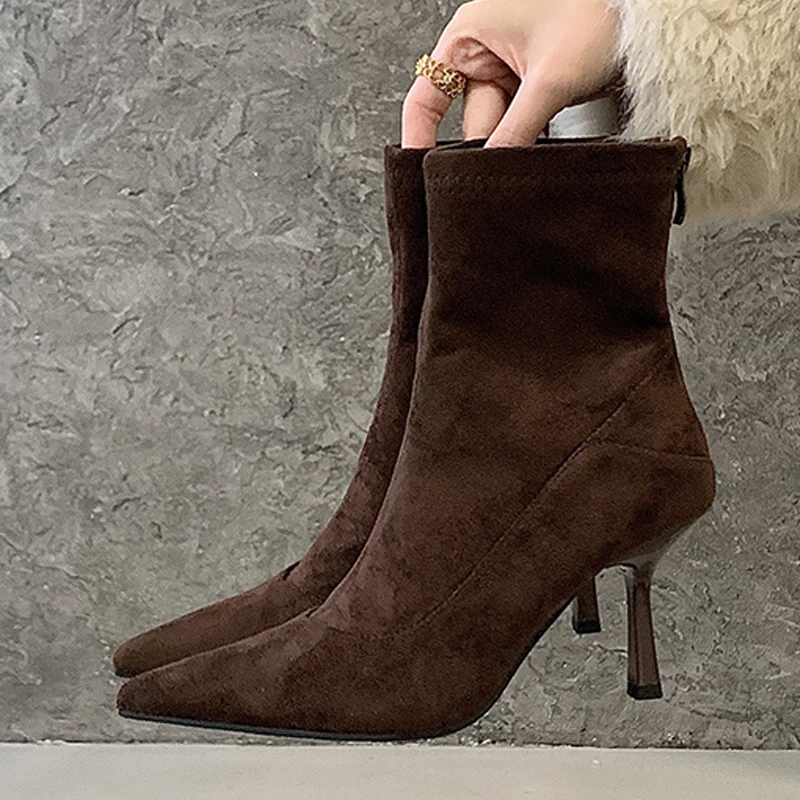 

Зимние винтажные ботильоны Liyke с острым носком на молнии, женские туфли на тонком низком каблуке для вечеринок и выпускных, дизайнерские коричневые замшевые ботинки для женщин