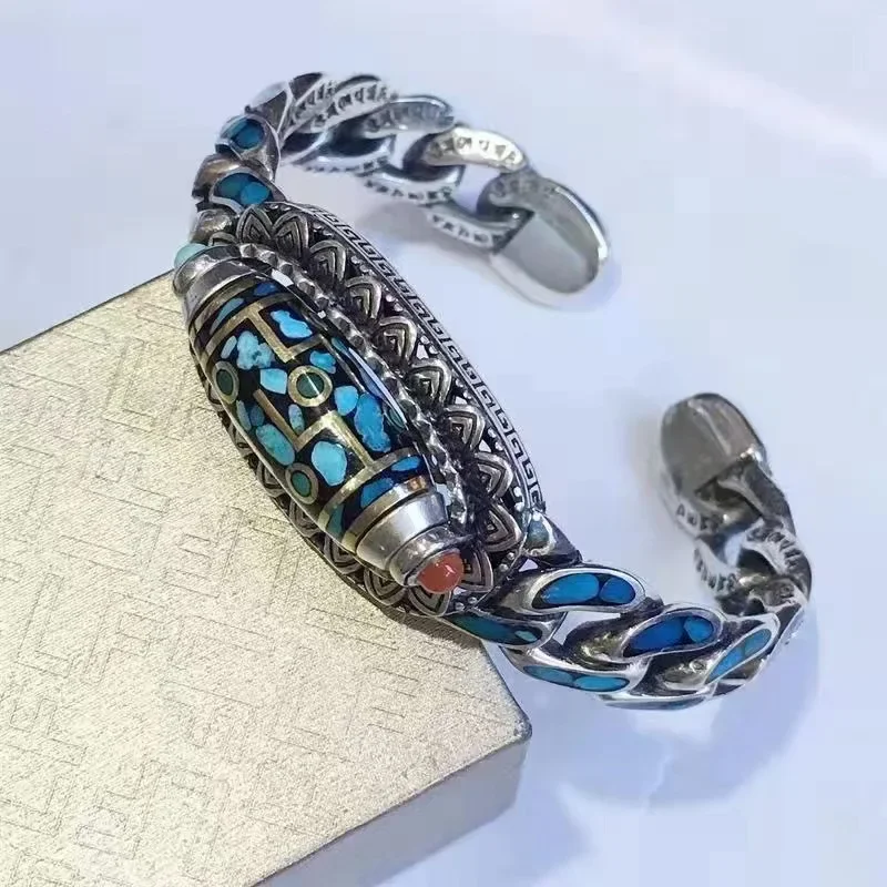 

S925 Silver Ethnic Style Inlaid Turquoise Spiral Orchid Turn Bead Six Character Truth Bracelet For Men And Women