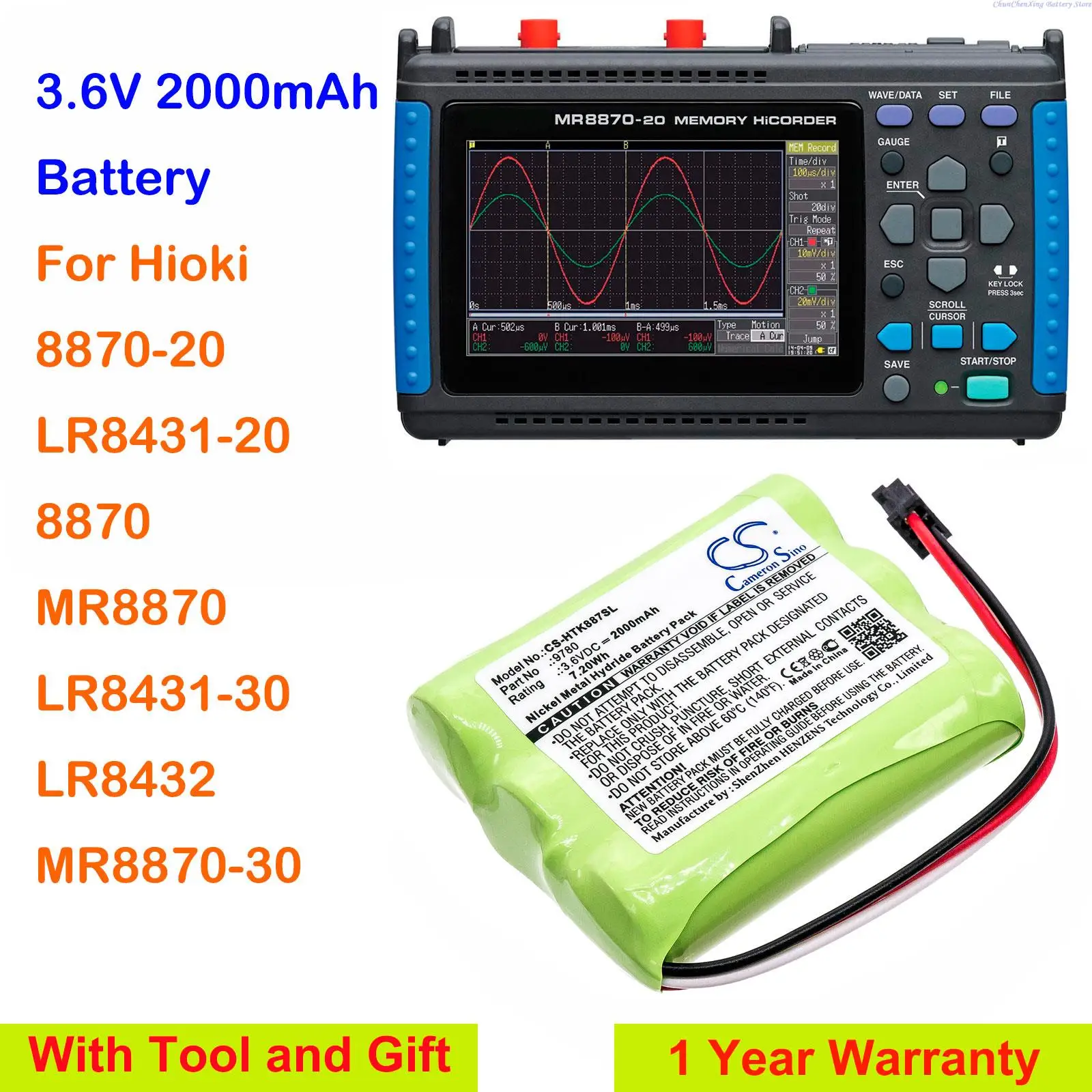 Cameron Sino 2000mAh Battery for Hioki 8870-20, LR8431-20, 8870, MR8870, LR8431-30, LR8432, MR8870-30 + Tool and Gifts