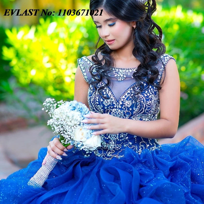 EVLAST personalizado azul marino vestido para quinceañeras vestido De baile apliques con cuentas volantes De cristal dulce 16 Vestidos De 15 Anos SQ541