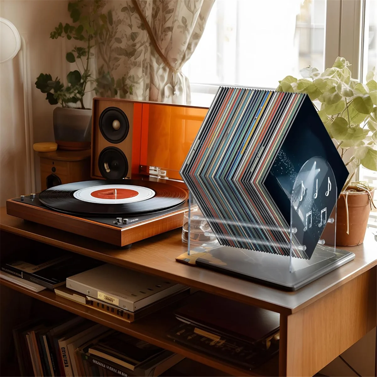 Vinyl Record Holder Desktop Books, Magazine Shelves Acrylic Display Shelf for CD Records Multi-Function Organizer Rack