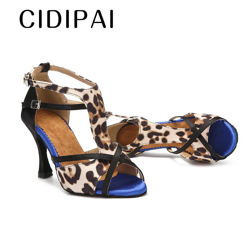 CIDIPAI Women\'s Satin Latin Dance Shoes Leopard Ballroom Dance Shoes Tango Salsa Training Perform Shoes Ladies High Heels 7.5CM