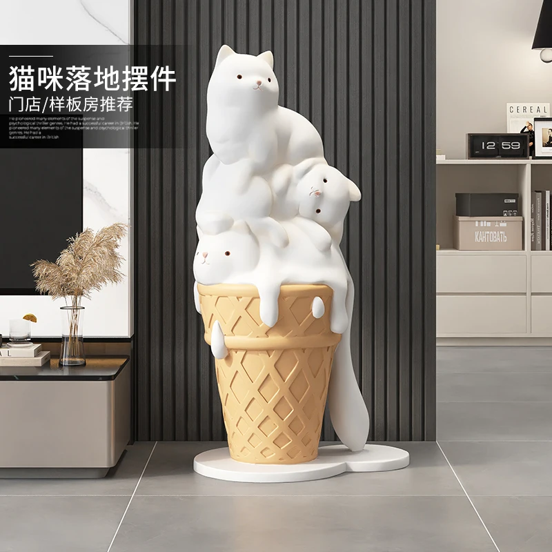 Home Decor Sculptures & Figurines Decoration Accessories Ice Cream Cat Floor Ornaments Living Room Foyer Resin Animal Statues