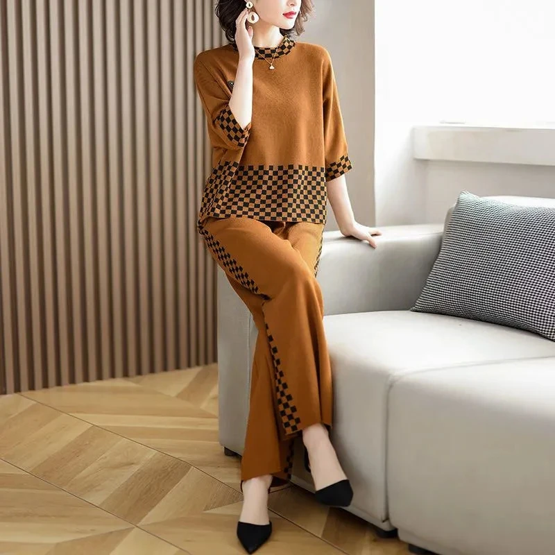 Middle-aged mother Fashion Suit 2024 Spring Autumn New Loose Plaid Patchwork Top+Wide leg pants Two-piece Women\'s Clothing Sets