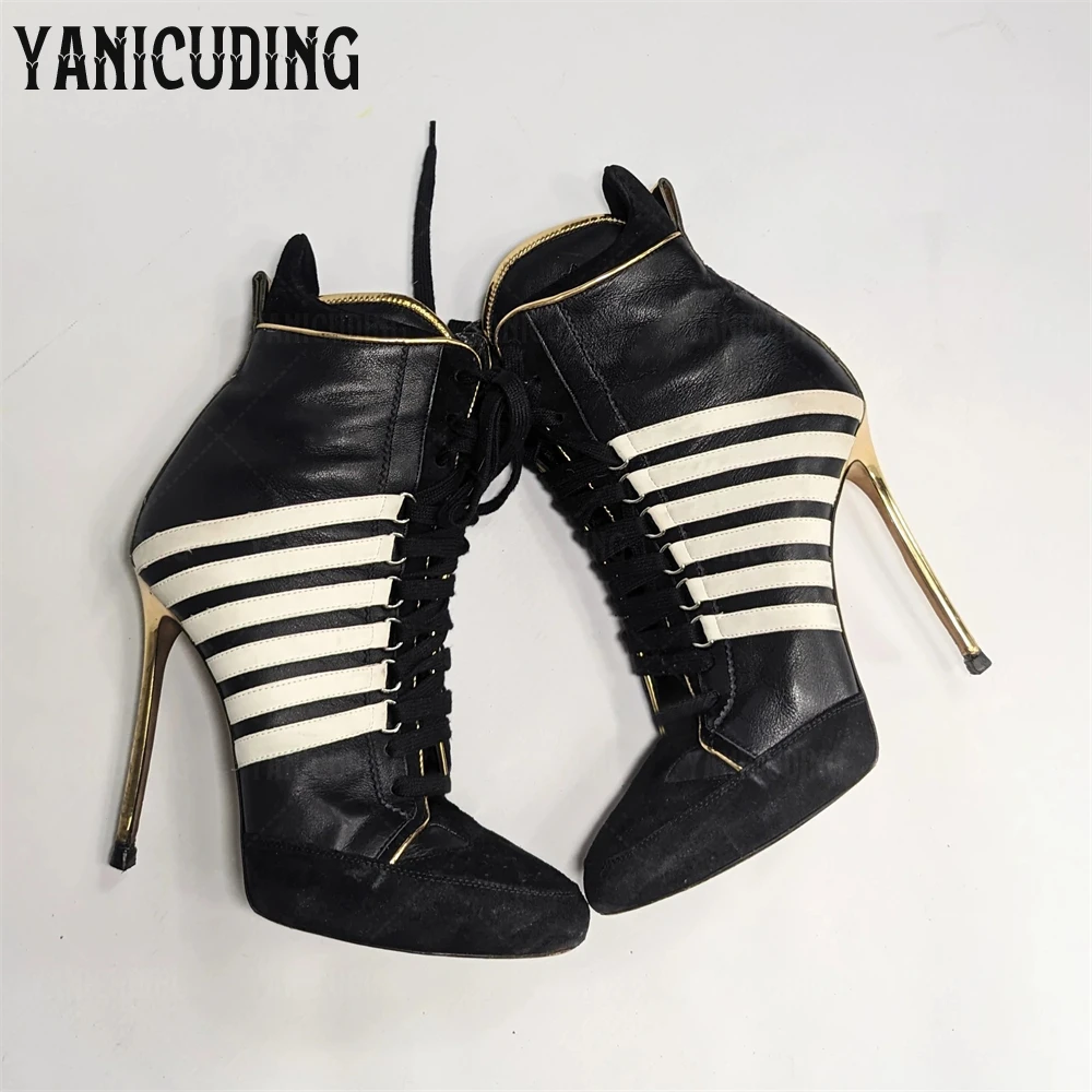 

Black Mix Material Ankle Boots Sporty Design High Top Sneaker Booties Novelty Designer Style Stiletto Lace Up Pointed Toe Boots